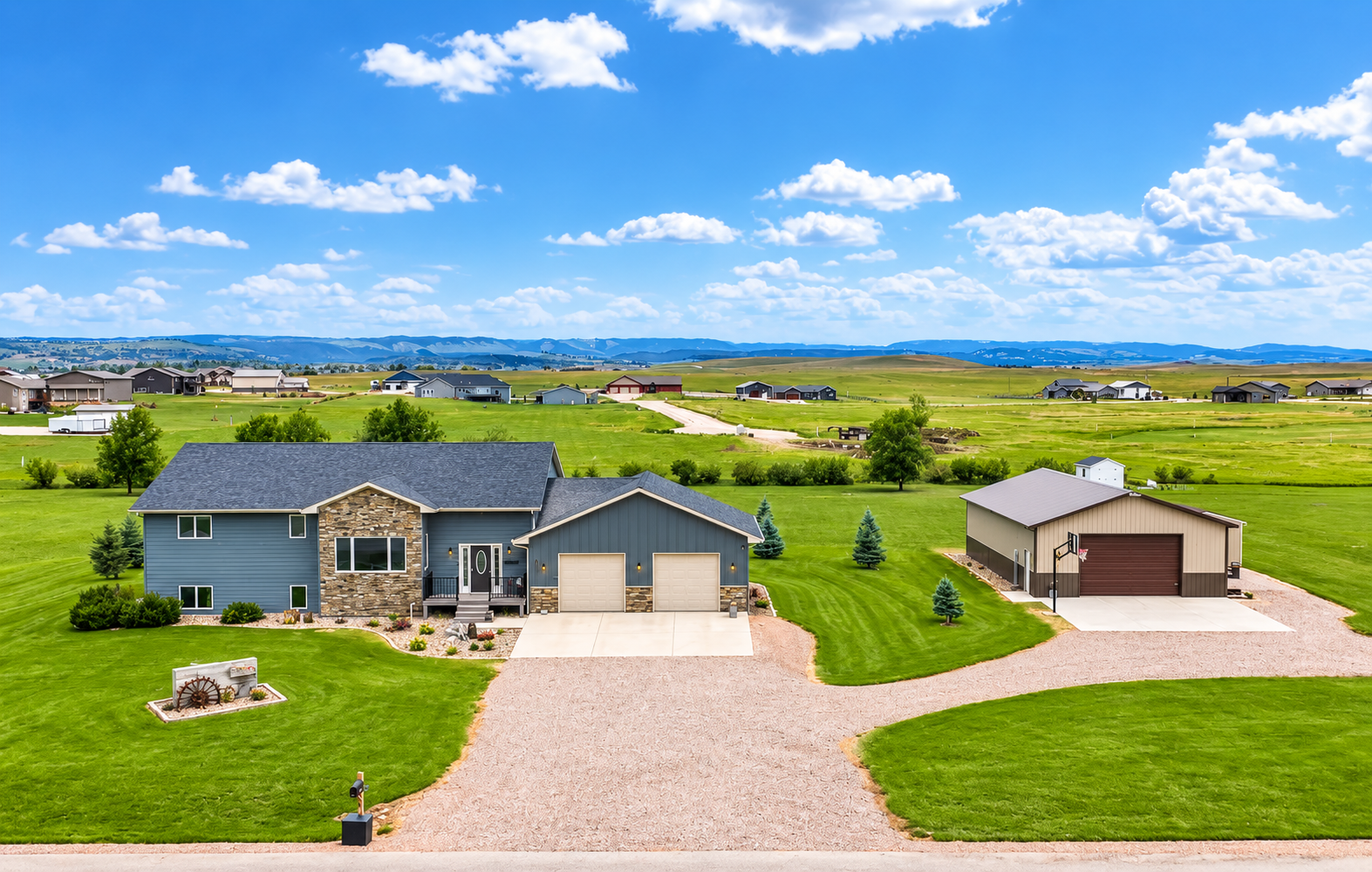 Aerial view of the property and neighborhood